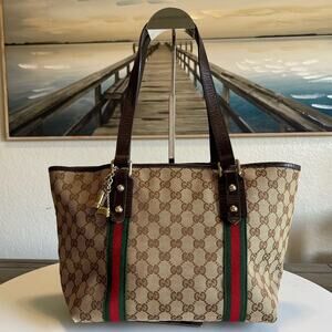 💎✨BEAUTIFUL✨💎Authentic Gucci Sherry Line Leather Jacquard Tote Bag